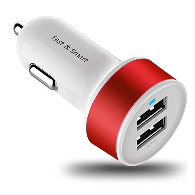 Energen 2-port Universal USB Car Charger Compatible with Iphone 5 / 5s / 4 / 4s, Ipod Touch, Ipod Nano, Ipad and Ipad Mini 3.1 AMP Compatible with Andriod Phone, All Tablets and Smart Phones (White) (Red)