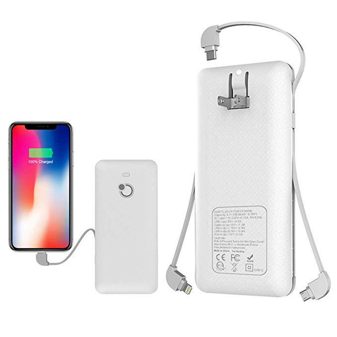 10000mAh Q Slim Power Bank Portable Charger External Battery Pack Charger with Built-in Micro USB Tpye C Three Kinds Cable AC Wall Plug 10000mah Phone Charger Whtie