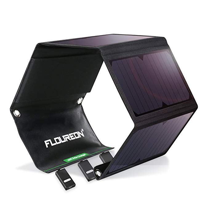 FLOUREON Solar Charger 28W Solar Panel with Triple USB Ports Waterproof Foldable for Smartphones Tablets and Camping Travel