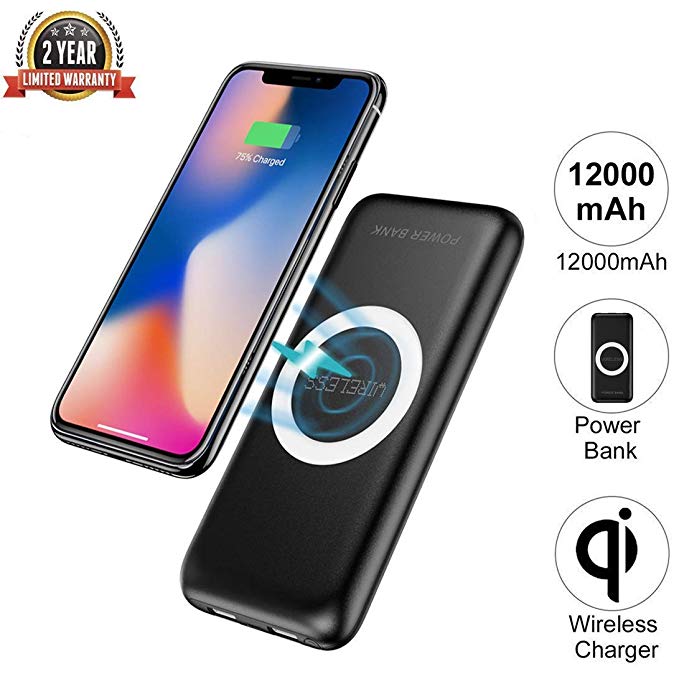Wireless Power Bank Charger 12000mAh QI Wireless Portable Charger 2 in 1 External Battery Pack for iPhone X, iPhone 8/8 Plus, Samsung Galaxy S8/S8+, Samsung Note 8/S7/S6/Note 5,etc. (Black-Wireless)