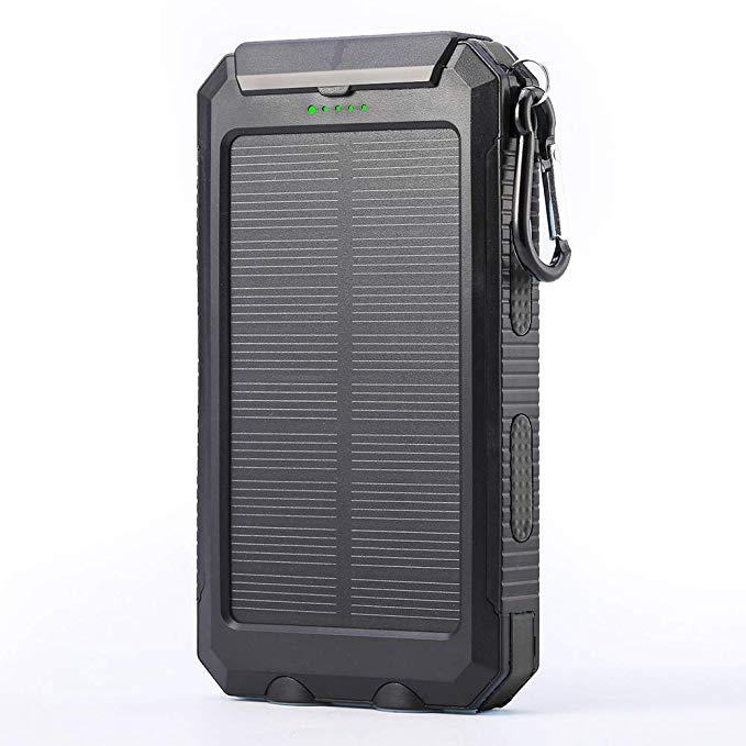 Solar Charger, 10000mAh Portable Waterproof Solar Power Bank, Dual USB External Backup Battery Pack with 2 Flashlights for Travelling, Hiking, Cellphone Charging