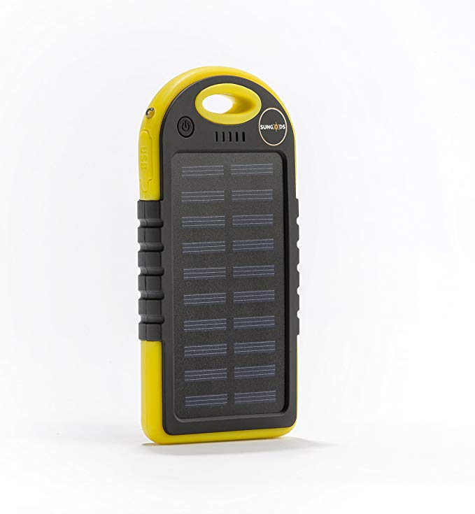 Solar Charger, SunGods,(USB cable included) Solar Flashlight with 5000mh Portable Solar Power Bank, Dual USB Battery Bank for cell phone,iPhone,Samsung,Android phones. (Yellow)