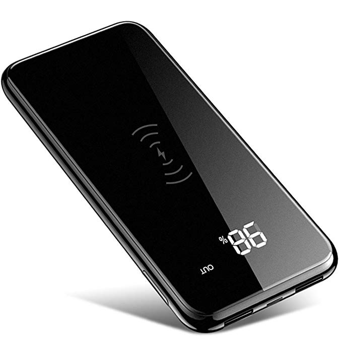 JWE Qi Wireless Portable Charger, 10000mAh Power Bank with LED Display, Ultra Modern Design for iPhone X, iPhone 8 & 8 Plus, Samsung Note 8, Galaxy S9, Galaxy S9+ (Piano Black)