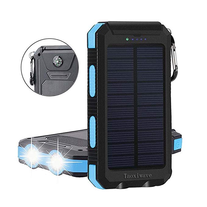 Solar Charger Solar Power Bank 20000mAh Waterproof Portable External Backup Outdoor Cell Phone Battery Charger with Dual LED Flashlight Solar Panel for iPhone Android Cellphones (Black & Blue)
