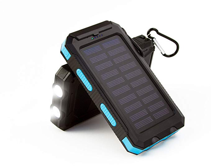 SMC INDUSTRIES High Capacity Waterproof Solar Power Bank with LED Light and Compass. 15,000 mAh Capacity Rugged Water Resistant Portable Solar Charger. Dual USB Port External Battery Pack. (Blue)