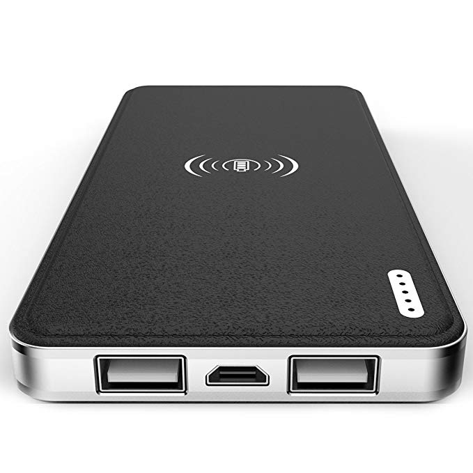 Xinmao Qi Wireless Charger Power Bank 10000mah External Backup Battery 2 Ports USB Charging Mobile Phone Portable Powerbank for Apple Iphone Sansung Xiaomi (Black)