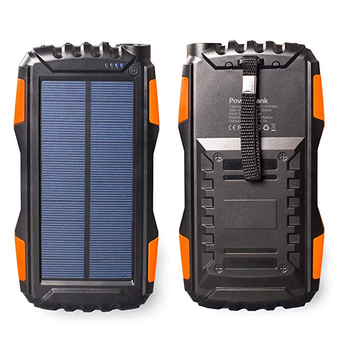 Friengood Solar Power Bank 25000mAh, Portable Solar Phone Charger External Solar Powered Battery Charger with Dual USB and LED Flashlights for iPhone, iPad, Android Cellphones and More (Orange)