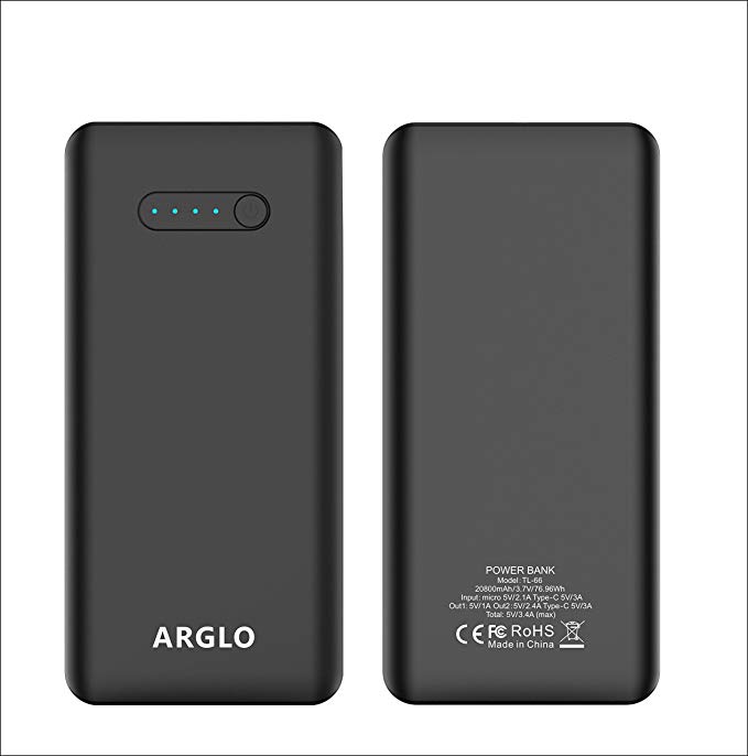 Portable Charger PowerCore 20800mAh - USB-C Premium Power bank by Arglo, Faster, safer charging with our advance technology. Ultra-high capacity for Galaxy S8, Note 8, iPhone and More (black)