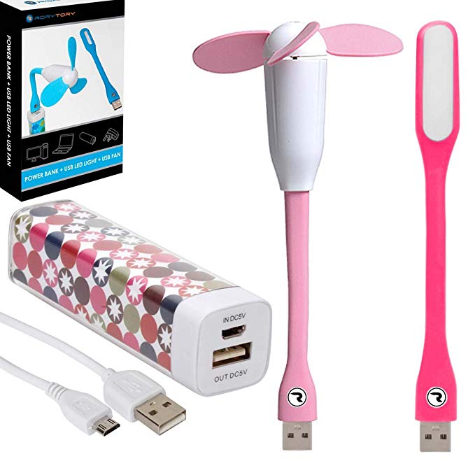 RoryTory 2600mah Pink Circle Design USB Power Bank With LED Lamp and Fan 3pc Bundle Set