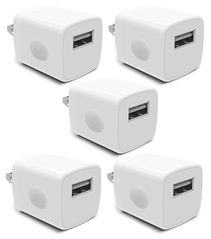Wall Charger, Universal USB Port Power Portable Adapter AC 5W Home Charger for iPhone 7 SE 6S/6S Plus/6/6 Plus/5S, Samsung, Android, Windows Smart Phone, Power Bank and More USB Devices (5 Pack)