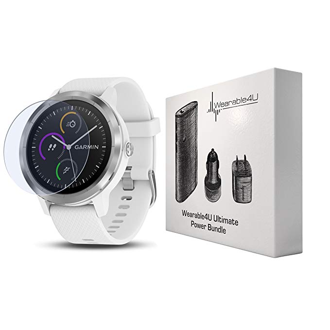 Garmin Vivoactive 3 GPS Smartwatch with Touchscreen Display and Contactless Payments Feature and Wrist-based Heart Rate and Wearable4U Ultimate Power Pack Bundle (White/Stainless)
